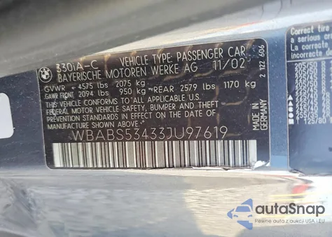 2003 BMW 330 Ci from USA, damaged, VIN WBABS53433JU97619